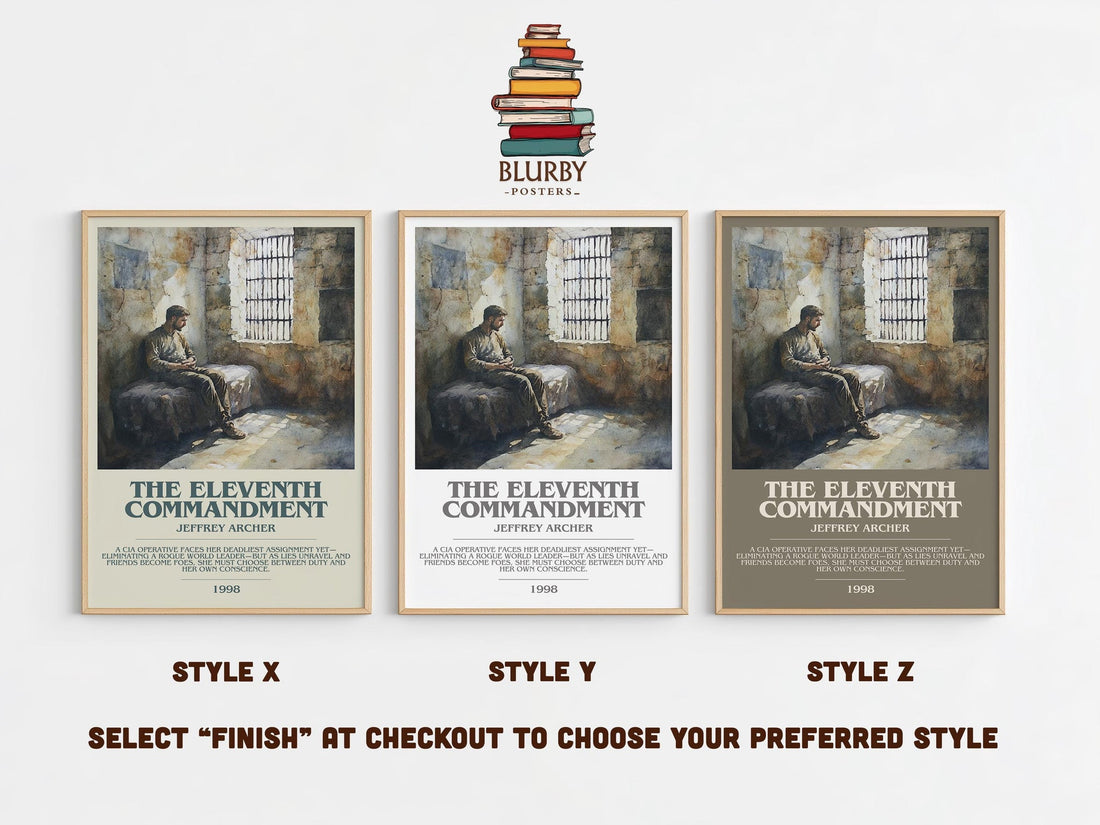 The Eleventh Commandment bookish poster colour and style options – Jeffrey Archer book art (mockup)