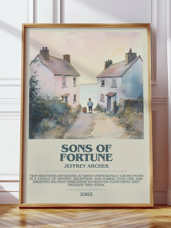 Sons of Fortune bookish print in frame leaning in hallway – thriller wall art