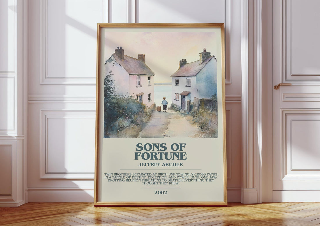 Sons of Fortune bookish print in frame leaning in hallway – thriller wall art (mockup)