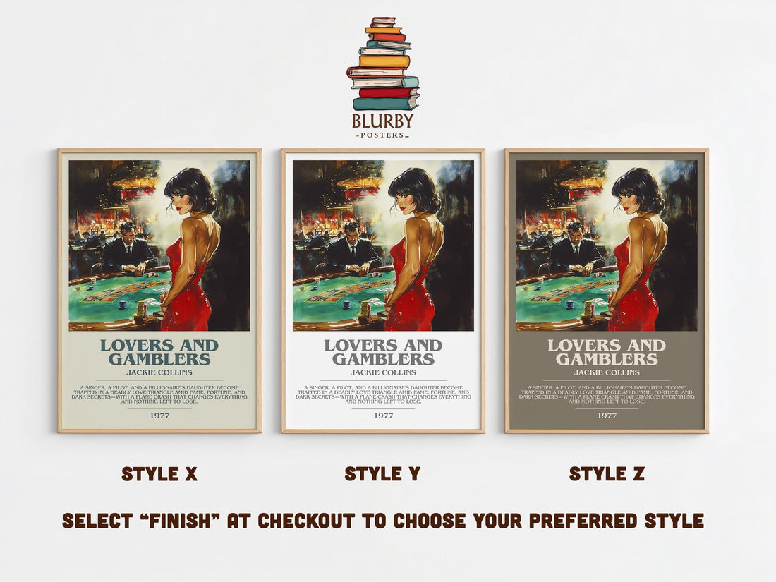 Lovers and Gamblers bookish poster colour and style options – Jackie Collins book art (mockup)
