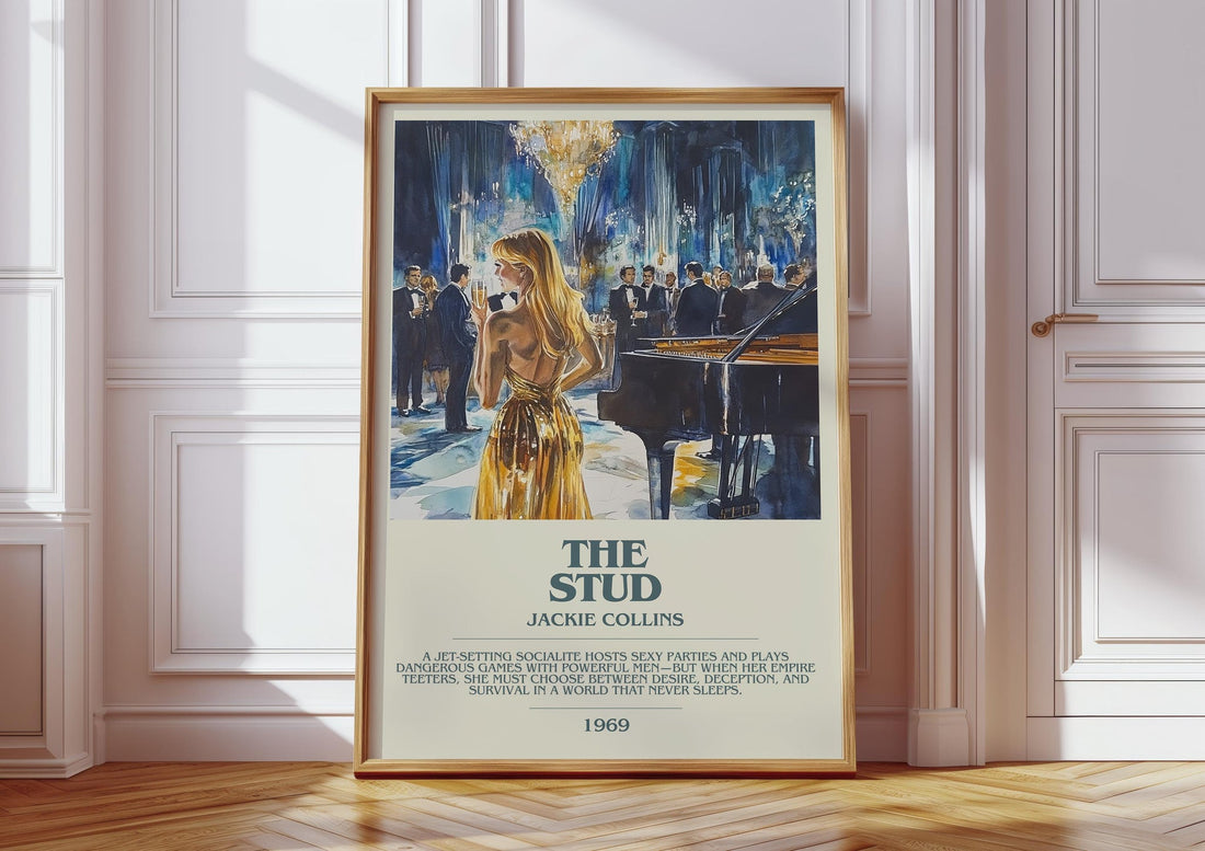 The Stud bookish print in frame leaning in hallway – romance wall art (mockup)