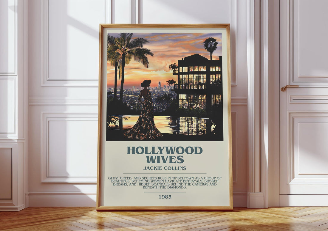 Hollywood Wives bookish print in frame leaning in hallway – romance wall art (mockup)