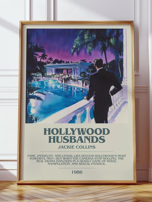 Hollywood Husbands bookish print in frame leaning in hallway – romance wall art