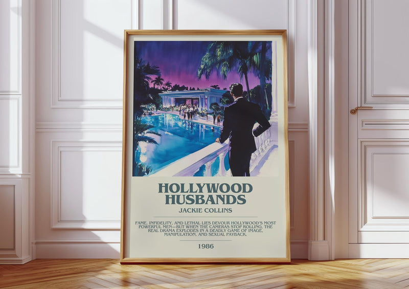 Hollywood Husbands bookish print in frame leaning in hallway – romance wall art