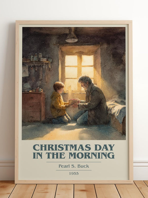 Christmas Day in the Morning book cover print in frame leaning in hallway – non fiction wall art