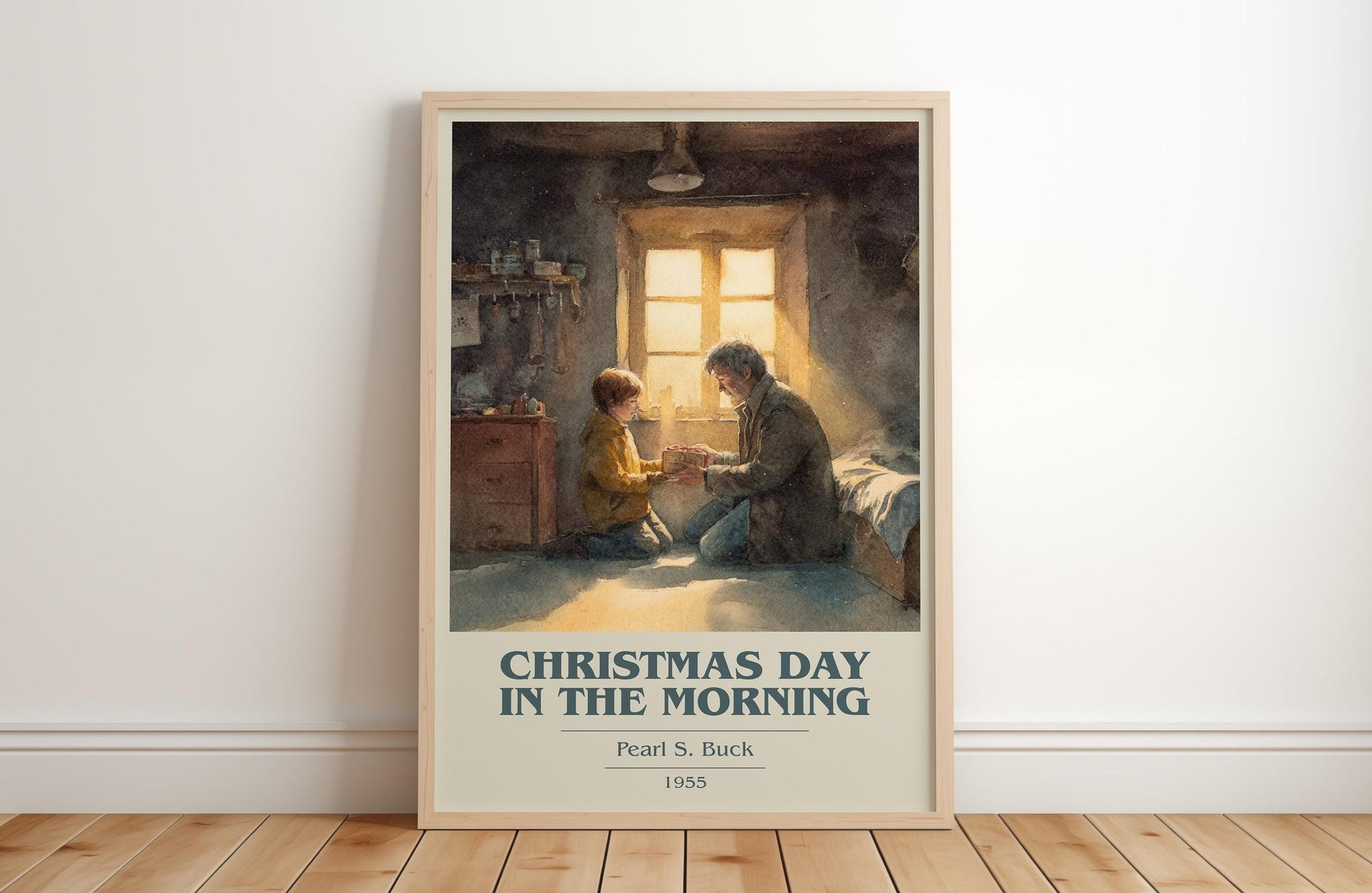 Christmas Day in the Morning book cover print in frame leaning in hallway – non fiction wall art