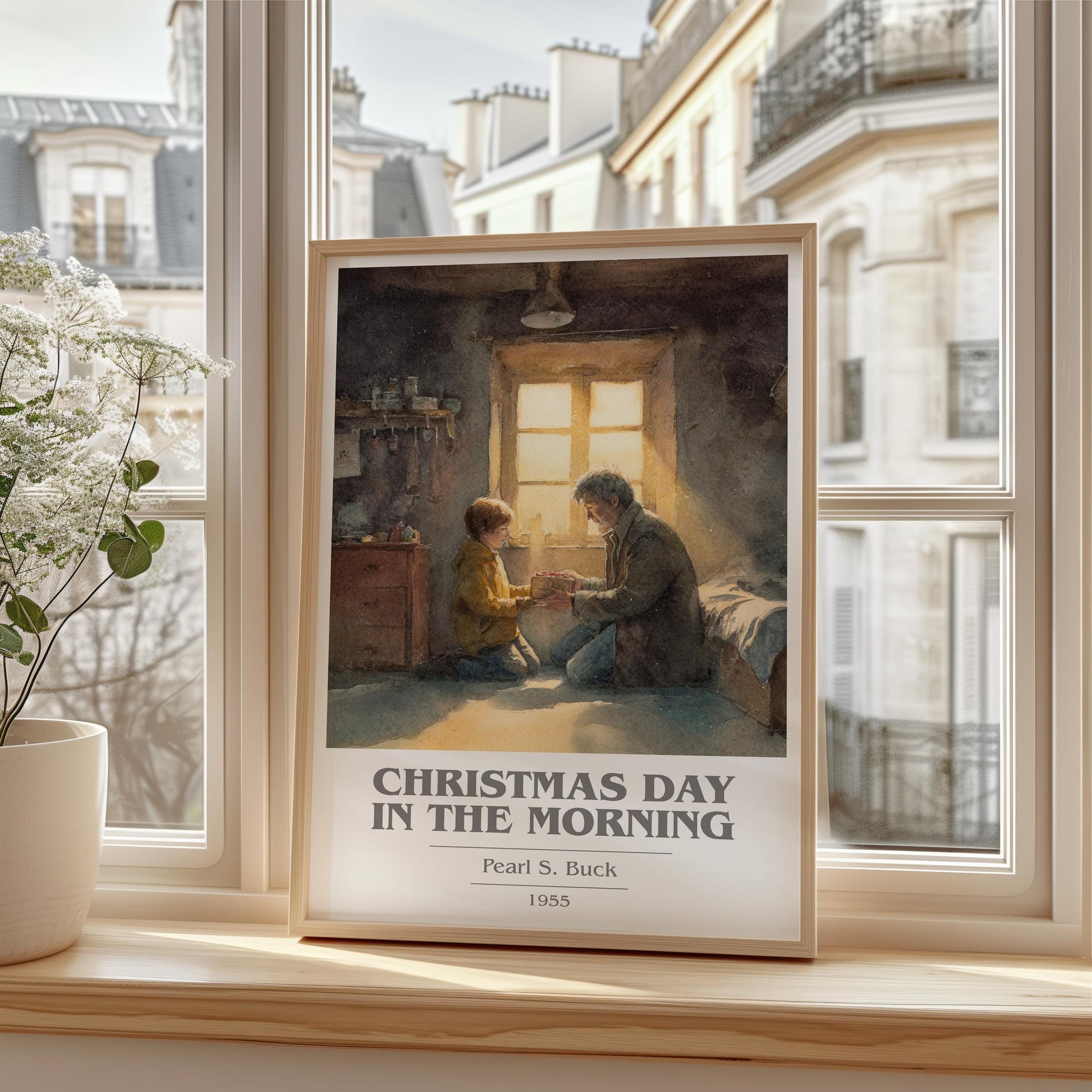 Christmas Day in the Morning book cover print framed by window – literary home decor