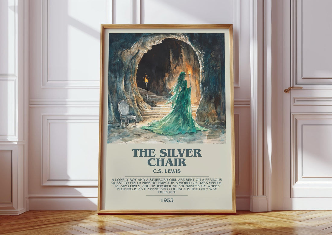 The Silver Chair bookish print in frame leaning in hallway – childrens wall art (mockup)