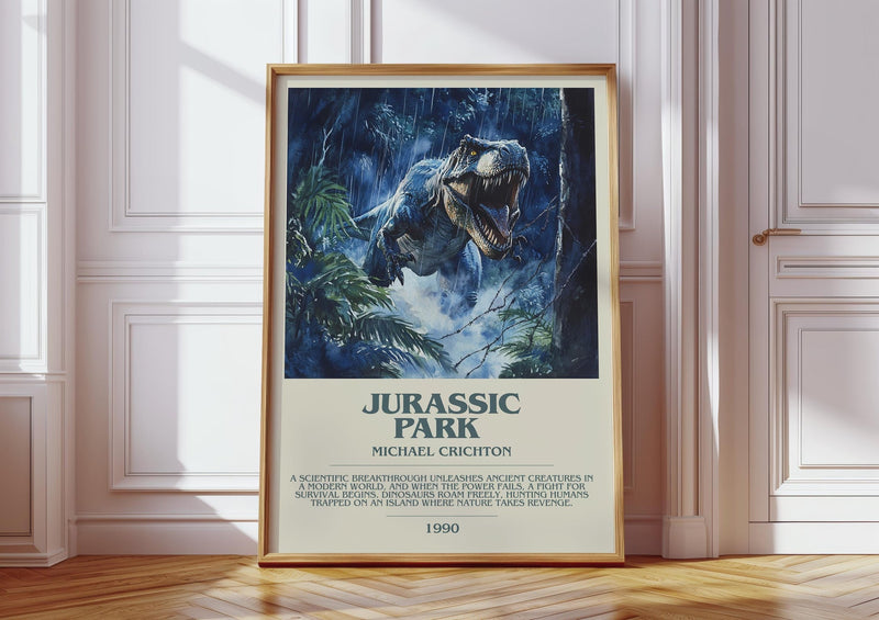 Jurassic Park bookish print in frame leaning in hallway – sci fi wall art