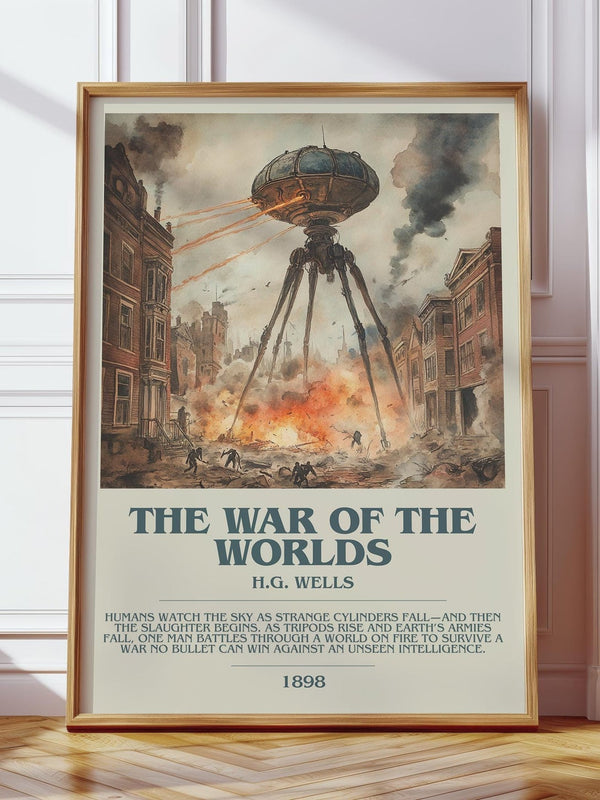 The War Of The Worlds bookish print in frame leaning in hallway – historical fiction wall art