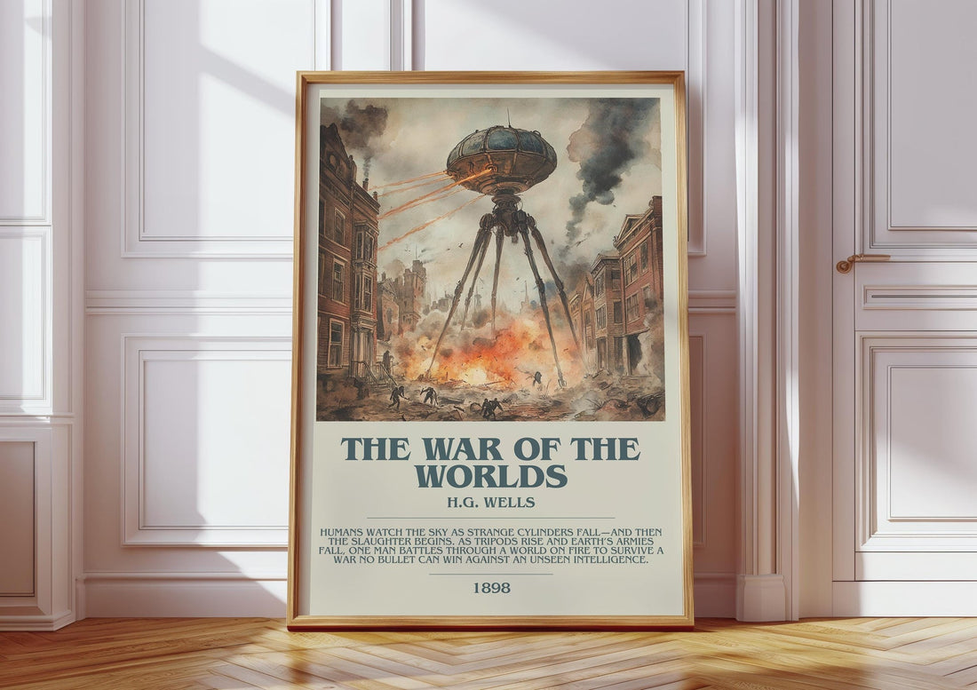 The War Of The Worlds bookish print in frame leaning in hallway – historical fiction wall art (mockup)