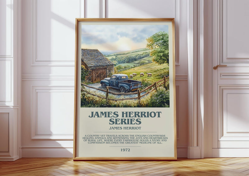 James Herriot Series bookish print in frame leaning in hallway – memoir wall art