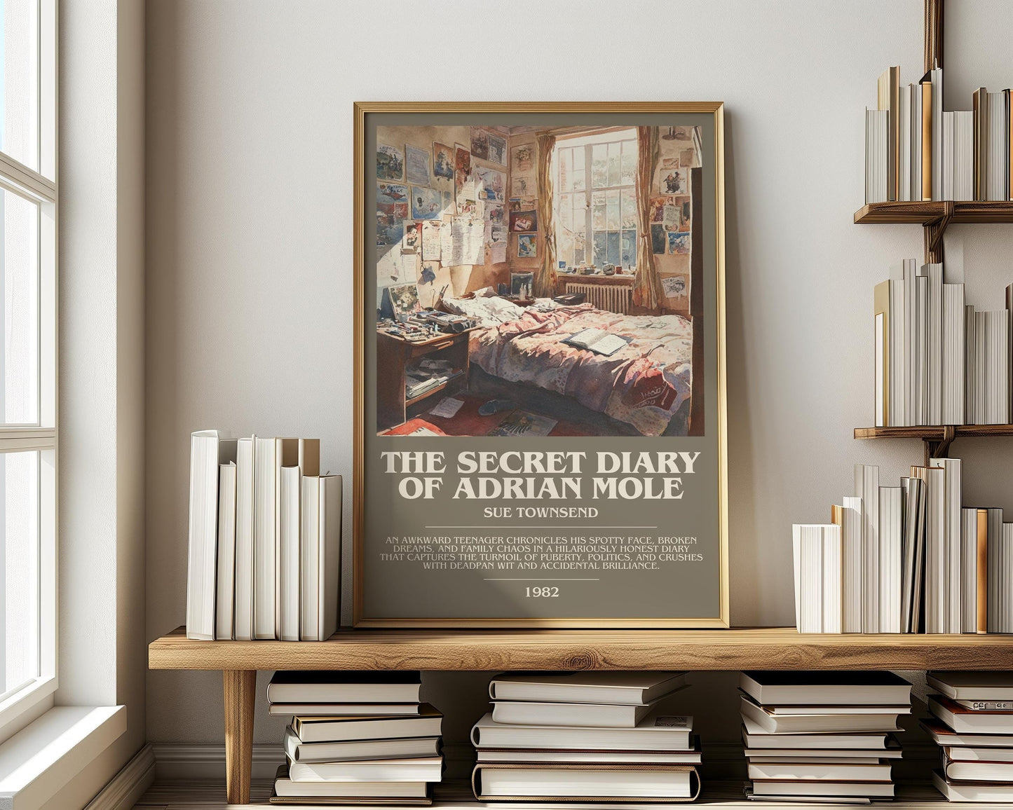 The Secret Diary Of Adrian Mole bookish print on bookshelf – Sue Townsend fan gift