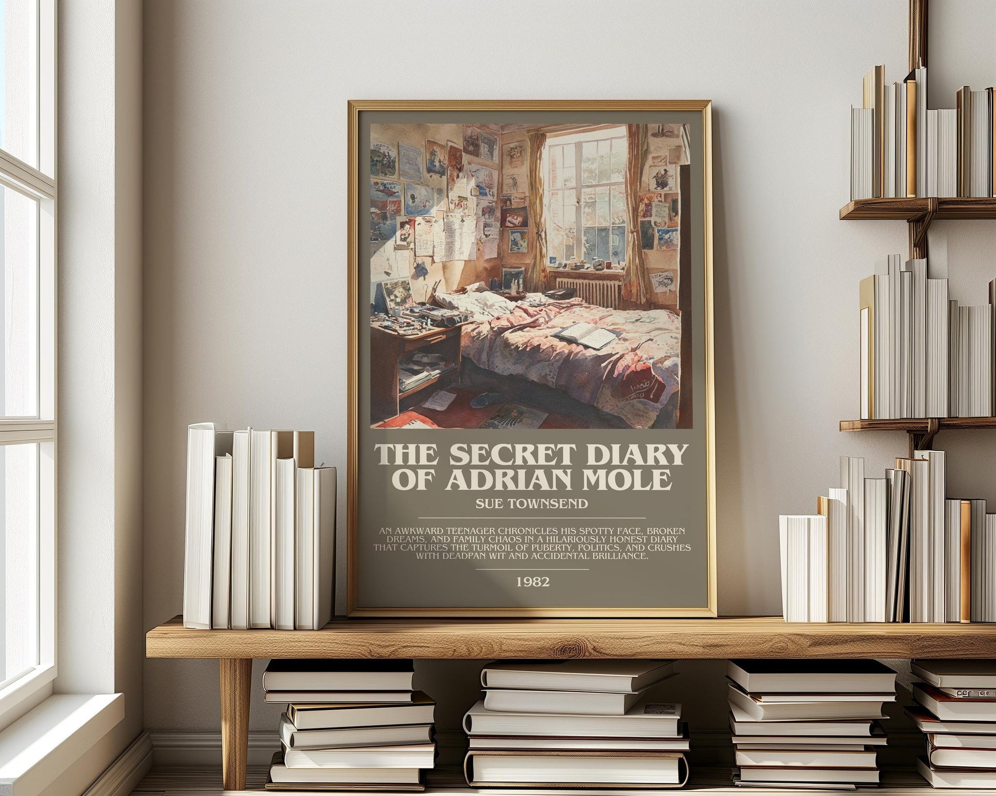 The Secret Diary Of Adrian Mole bookish print on bookshelf – Sue Townsend fan gift