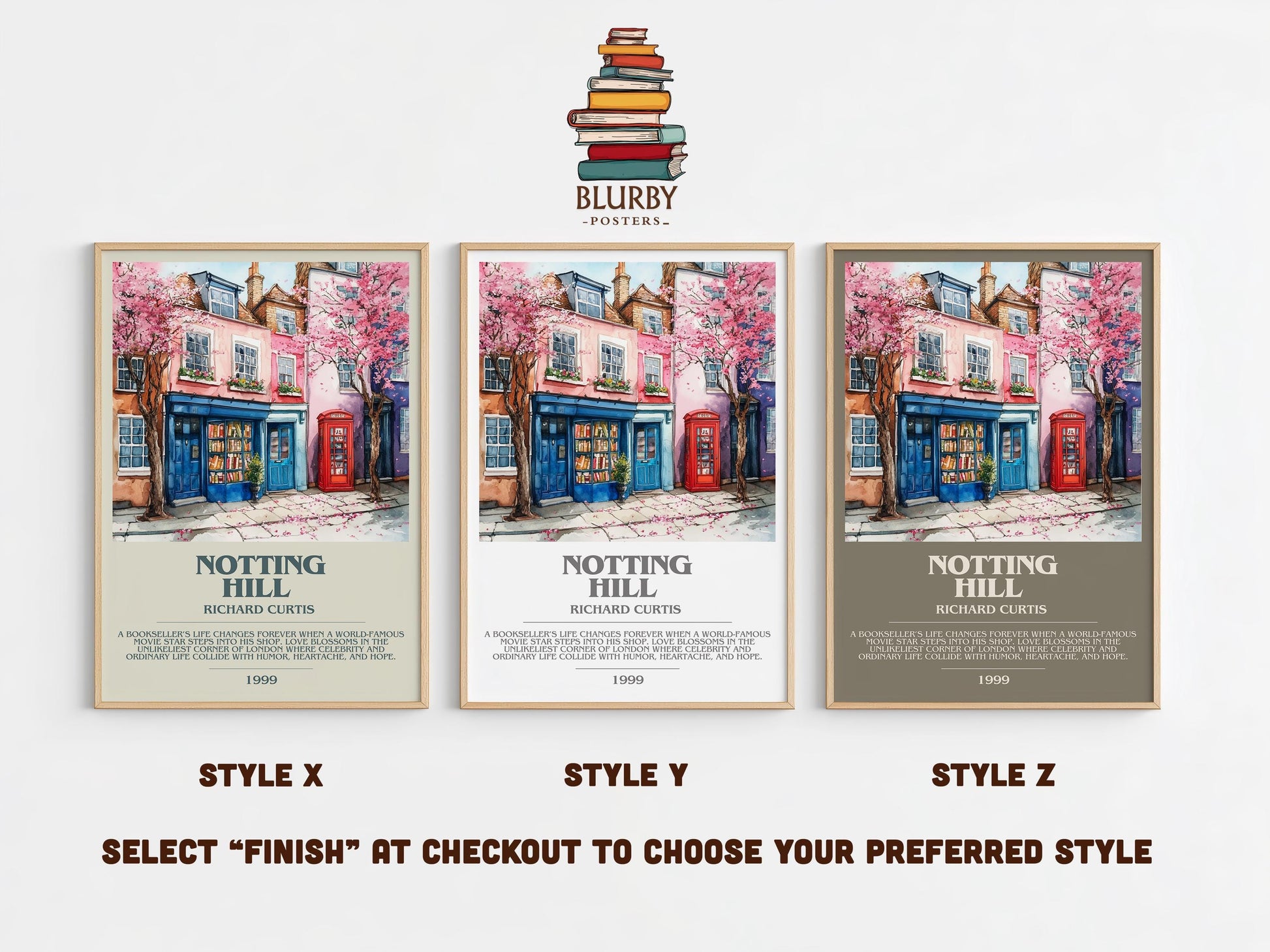 Notting Hill bookish poster colour and style options – Richard Curtis book art