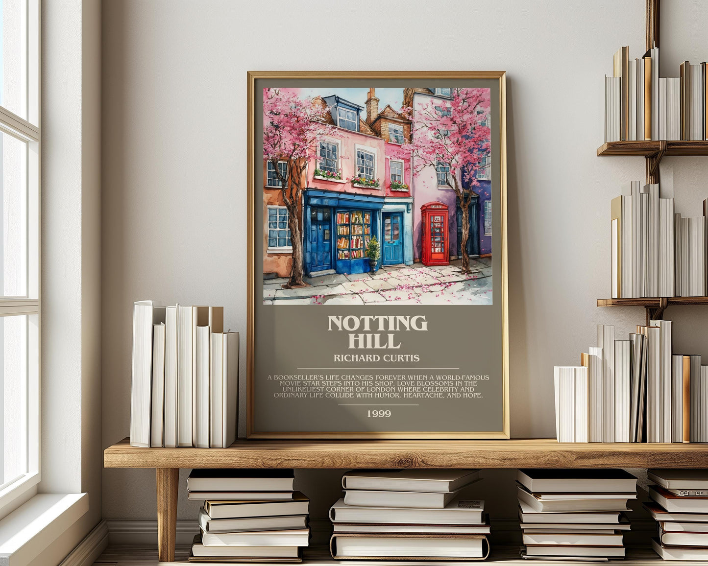 Notting Hill bookish print on bookshelf – Richard Curtis fan gift