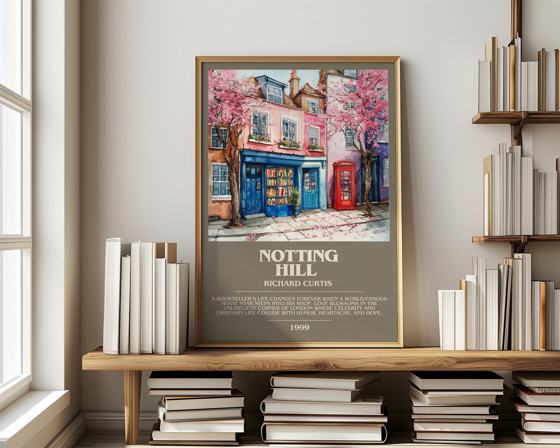Notting Hill bookish print on bookshelf – Richard Curtis fan gift