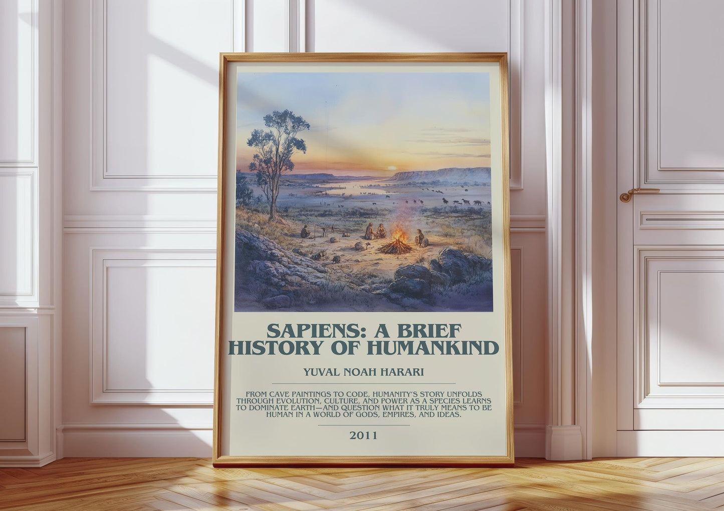 Sapiens: A Brief History of Humankind bookish print in frame leaning in hallway – non fiction wall art