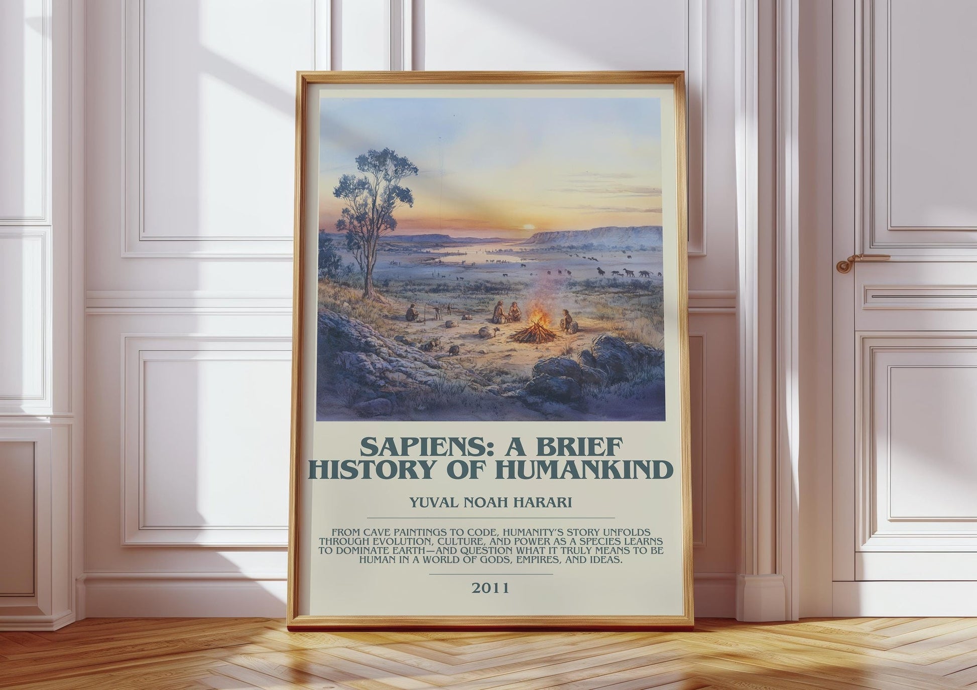 Sapiens: A Brief History of Humankind bookish print in frame leaning in hallway – non fiction wall art