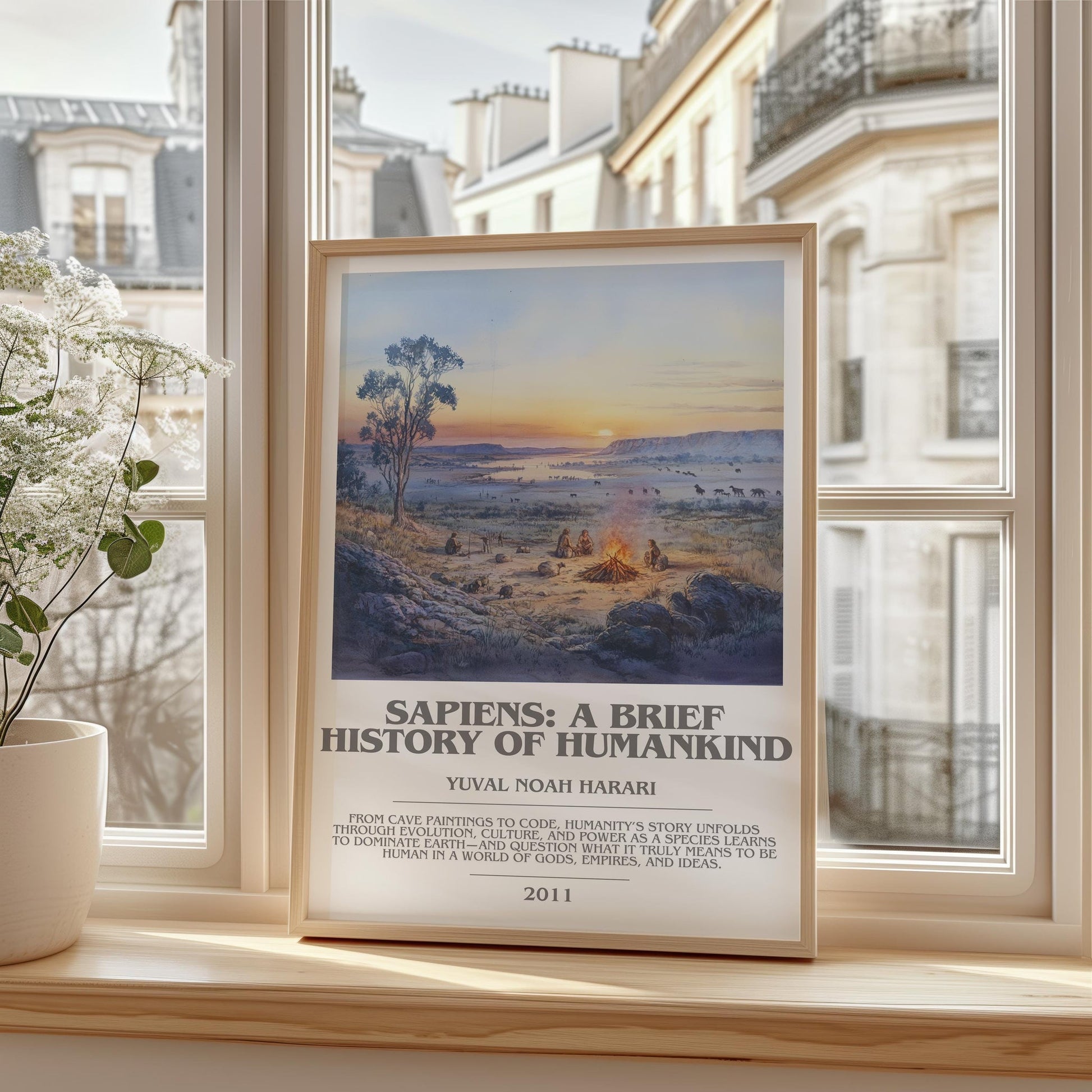 Sapiens: A Brief History of Humankind bookish print framed by window – literary home decor
