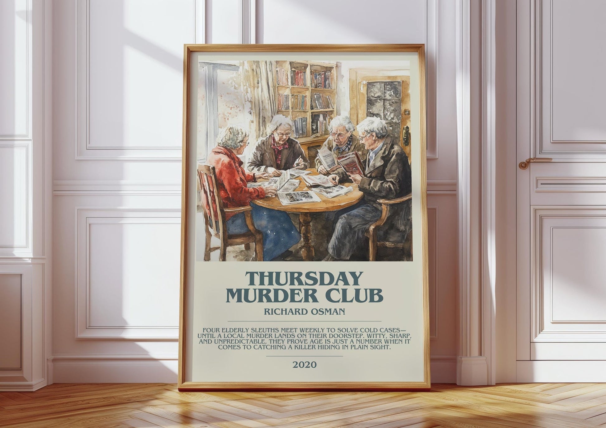 Thursday Murder Club bookish print in frame leaning in hallway – crime wall art