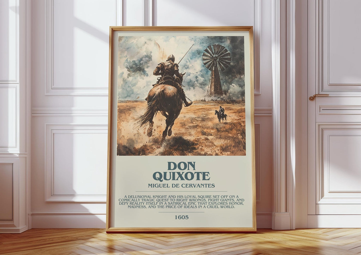 Don Quixote bookish print in frame leaning in hallway – classic literature wall art