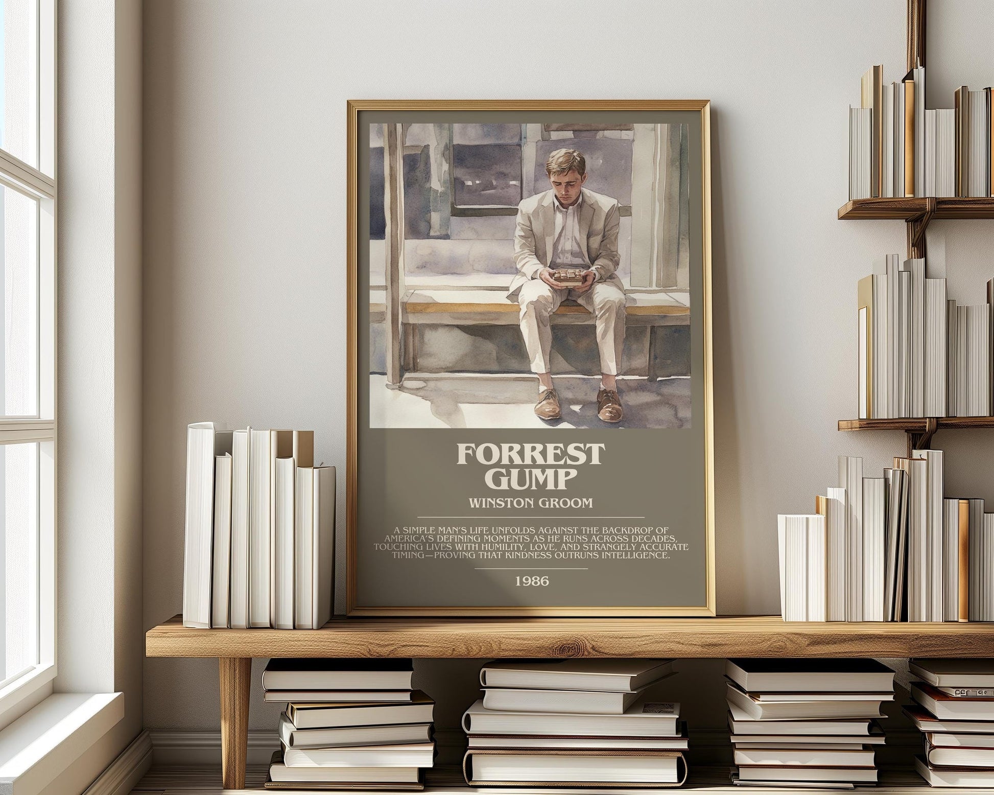 Forrest Gump bookish print on bookshelf – Winston Groom fan gift