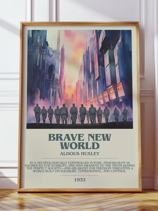 Brave New World bookish print in frame leaning in hallway – dystopian wall art