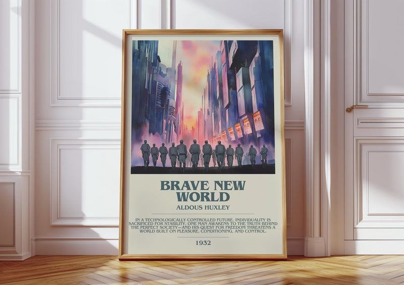 Brave New World bookish print in frame leaning in hallway – dystopian wall art