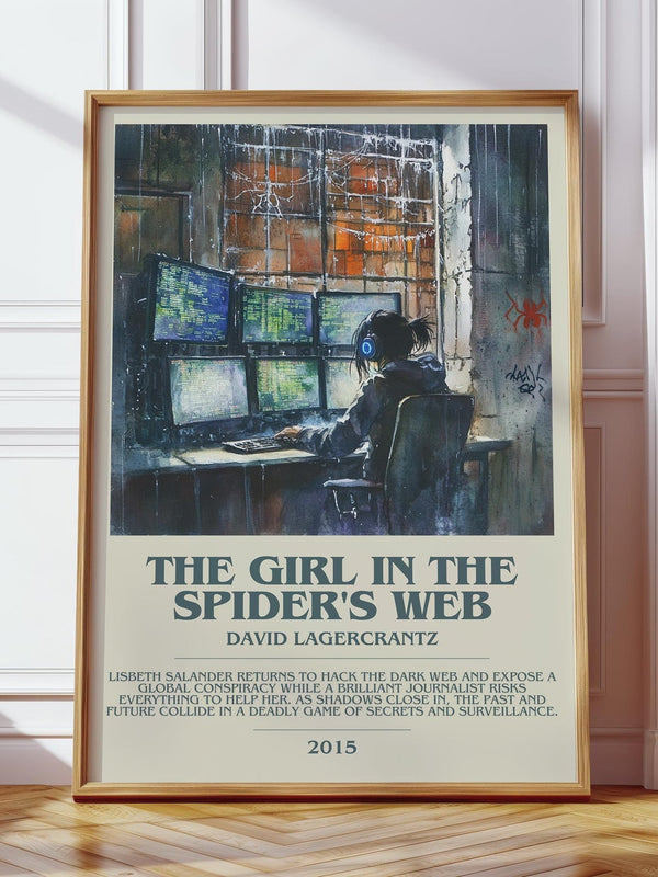 The Girl In The Spider's Web bookish print in frame leaning in hallway – thriller wall art