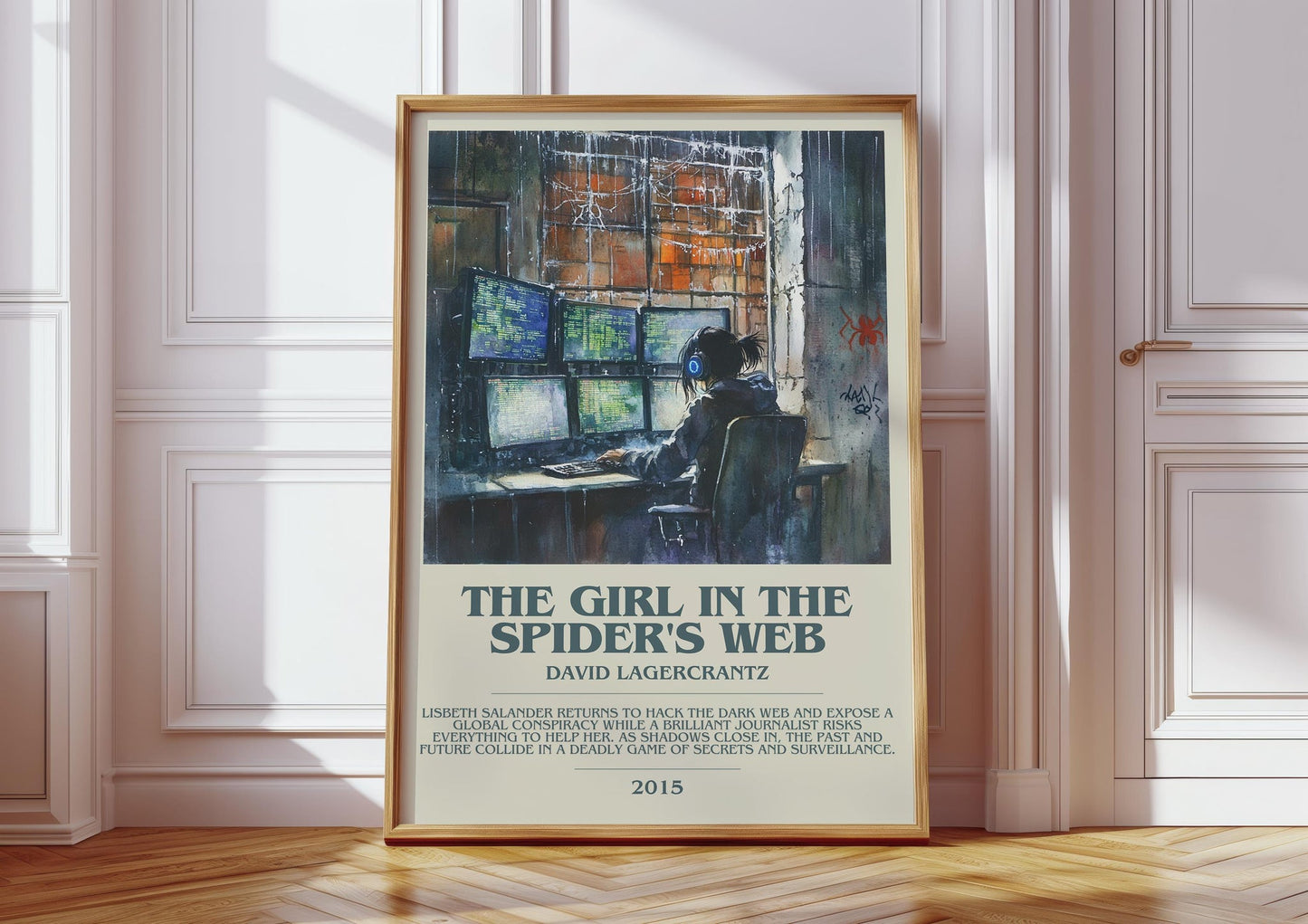 The Girl In The Spider's Web bookish print in frame leaning in hallway – thriller wall art