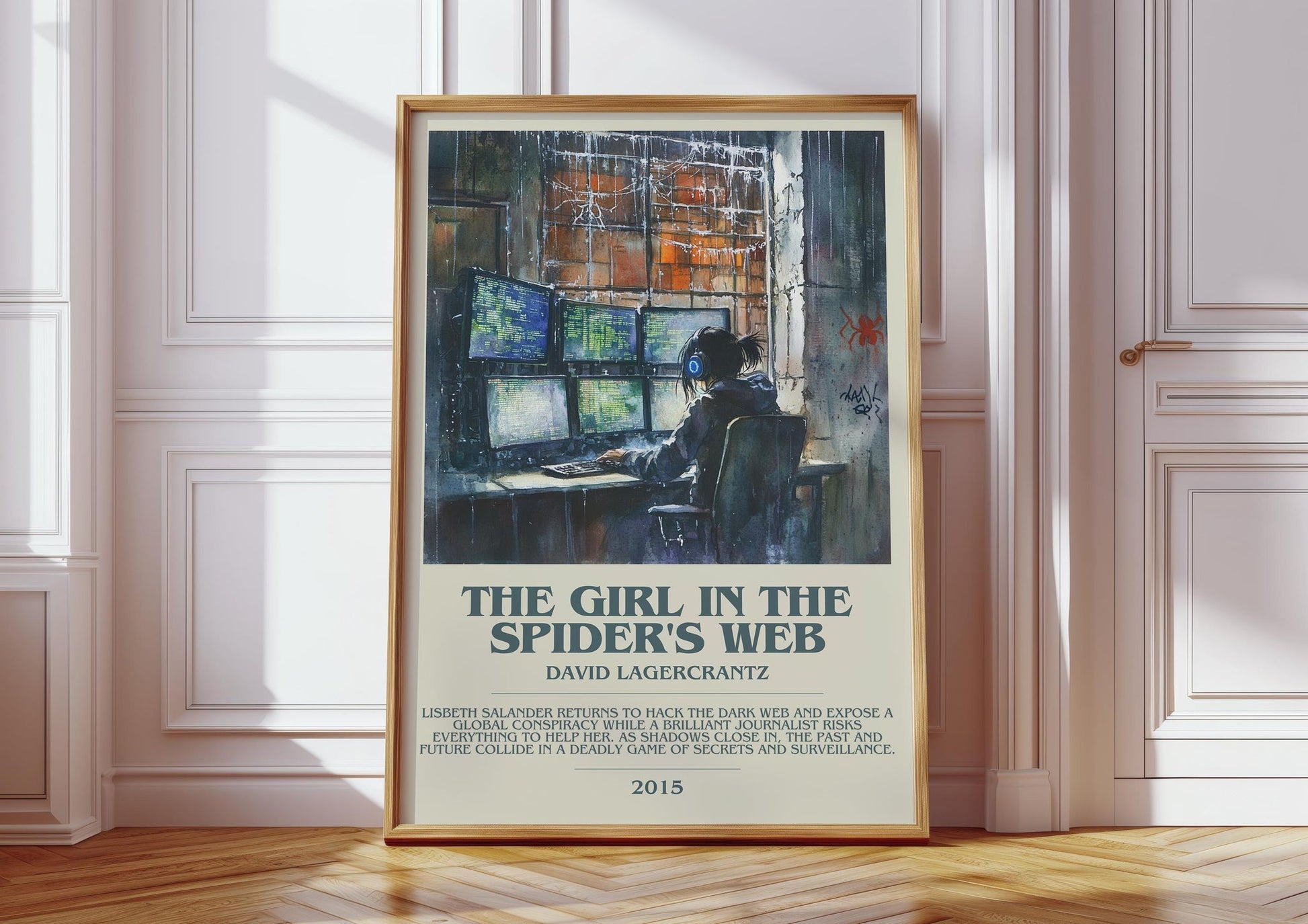 The Girl In The Spider's Web bookish print in frame leaning in hallway – thriller wall art