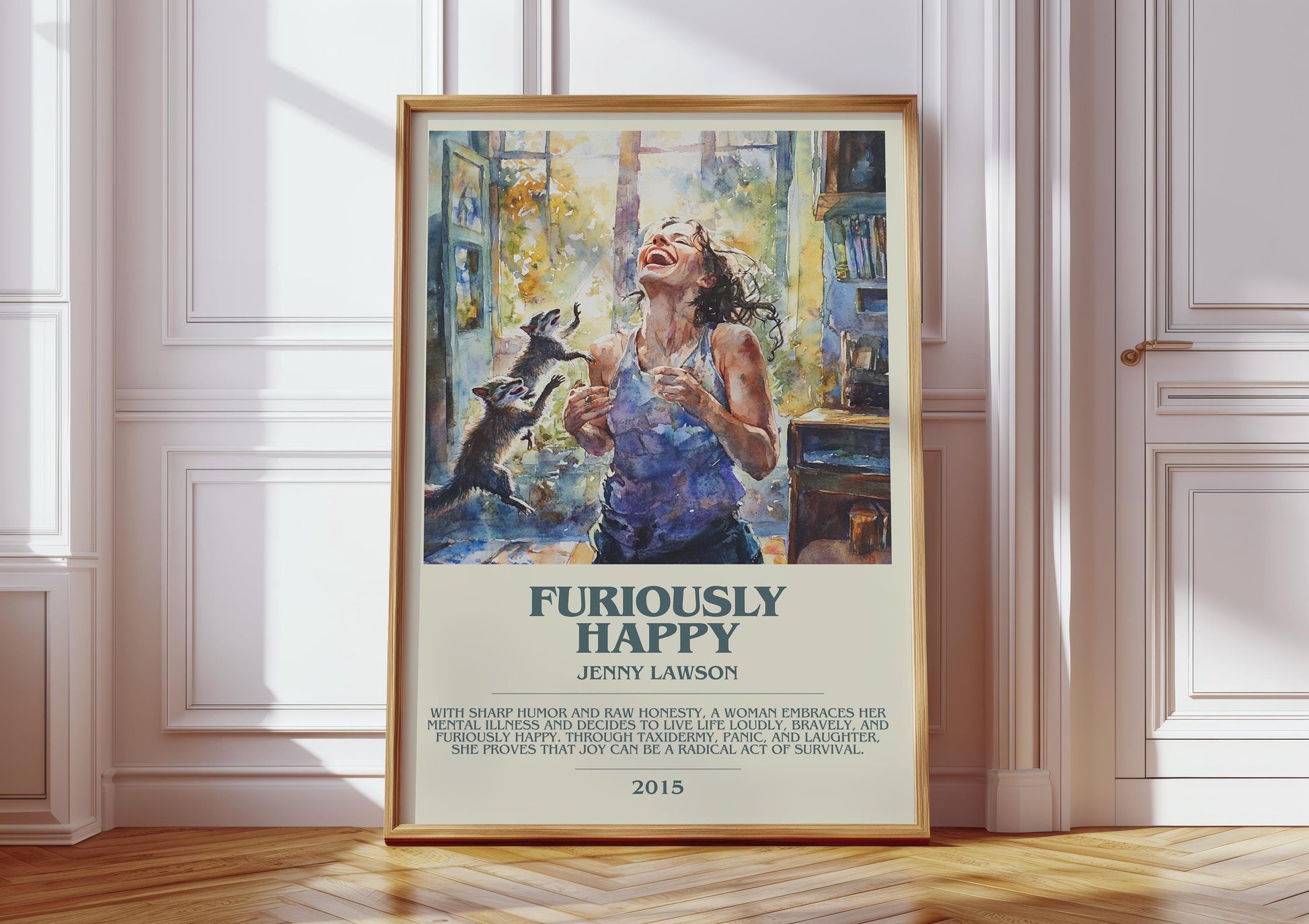 Furiously Happy bookish print in frame leaning in hallway – memoir wall art