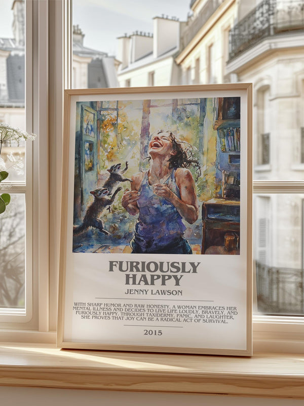 Furiously Happy bookish print framed by window – literary home decor