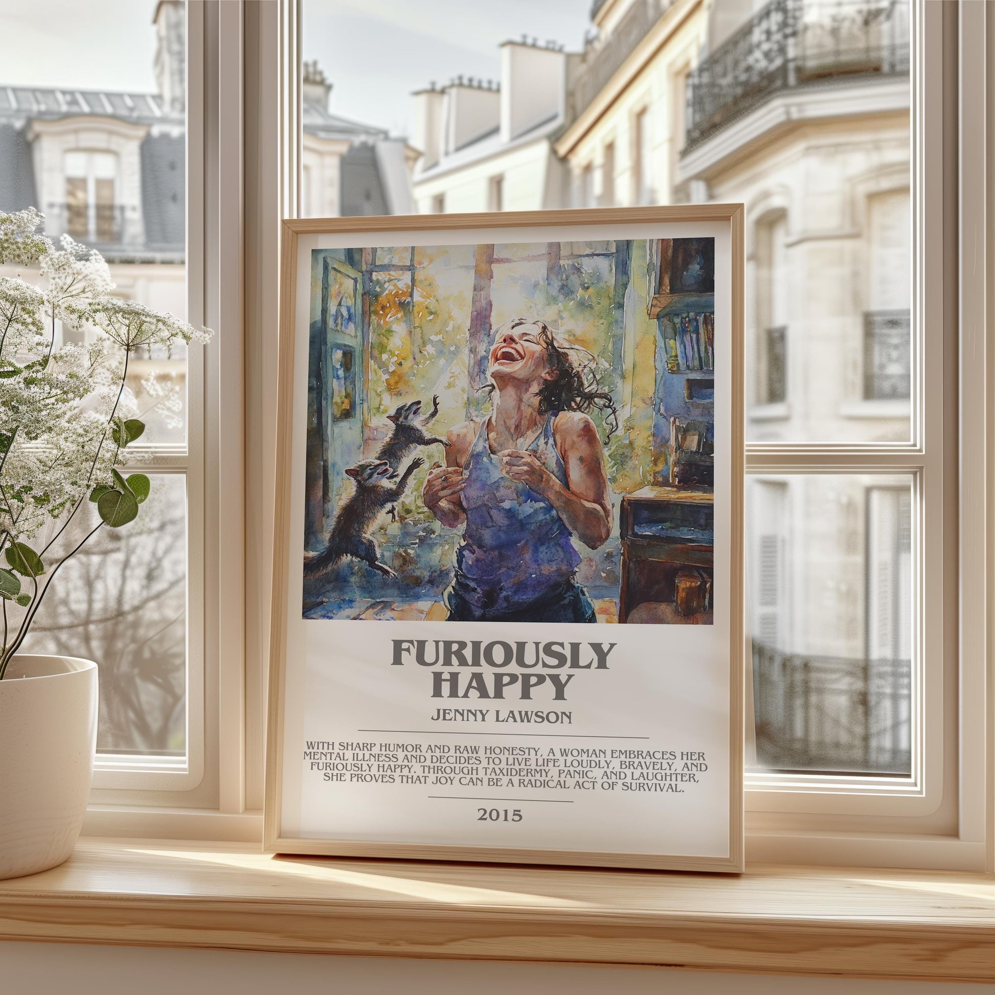 Furiously Happy bookish print framed by window – literary home decor
