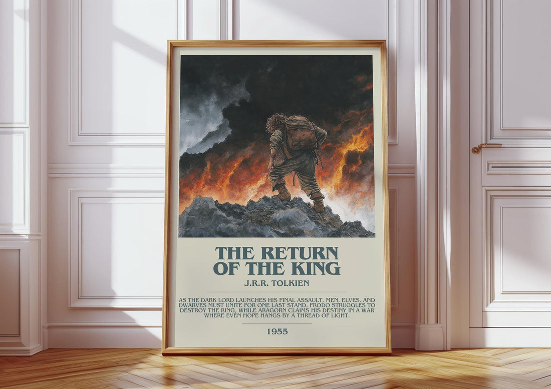 The Return Of The King bookish print in frame leaning in hallway – fantasy wall art (mockup)
