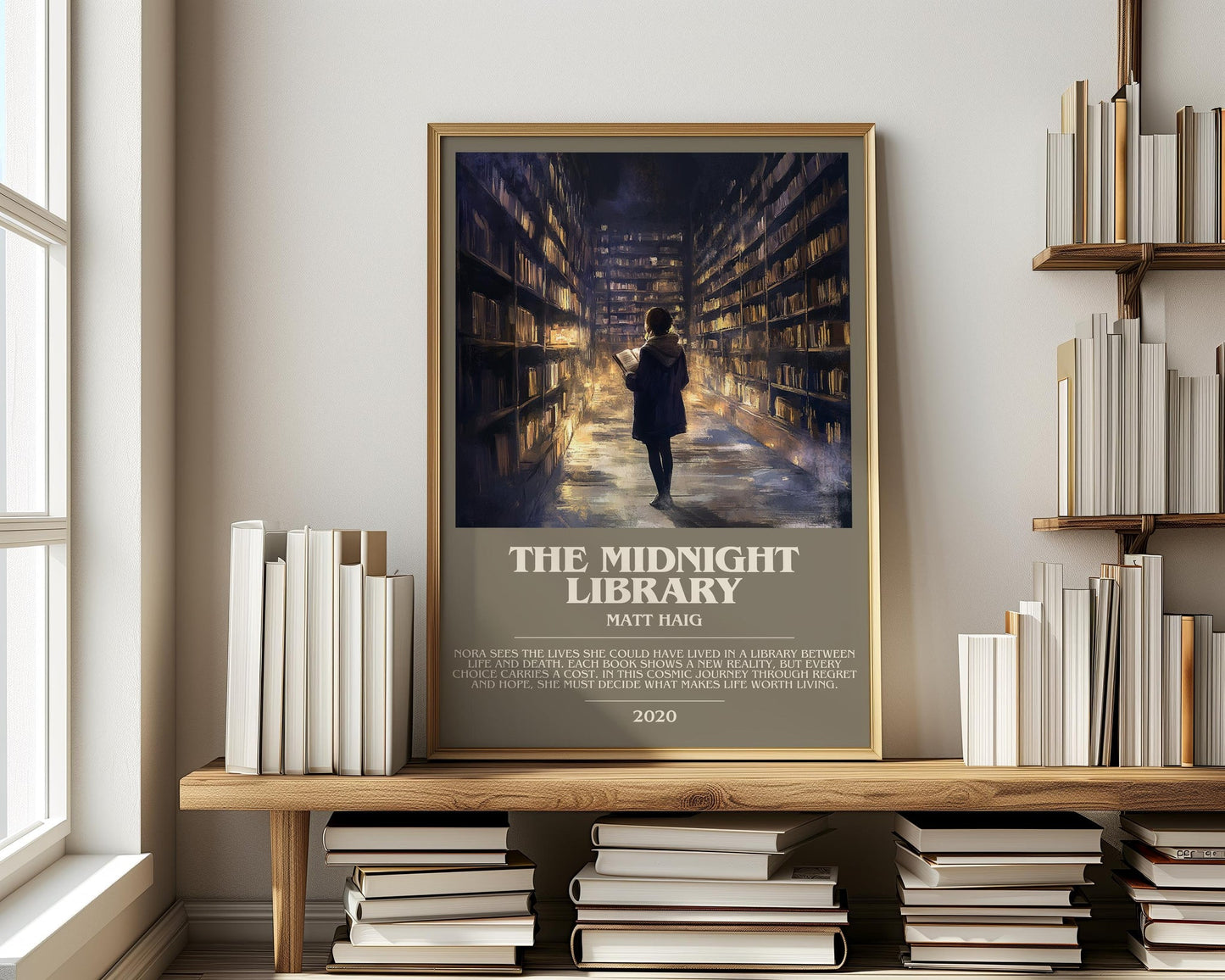 The Midnight Library bookish print on bookshelf – Matt Haig fan gift