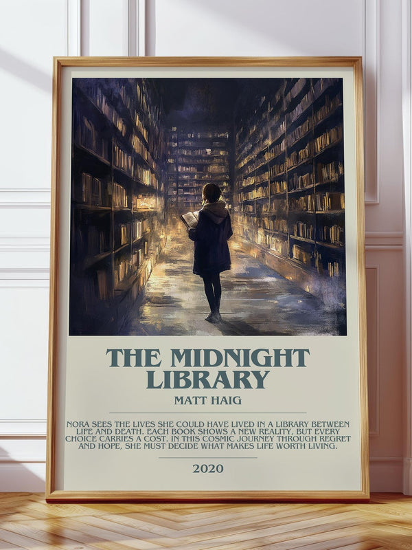 The Midnight Library bookish print in frame leaning in hallway – contemporary fiction wall art