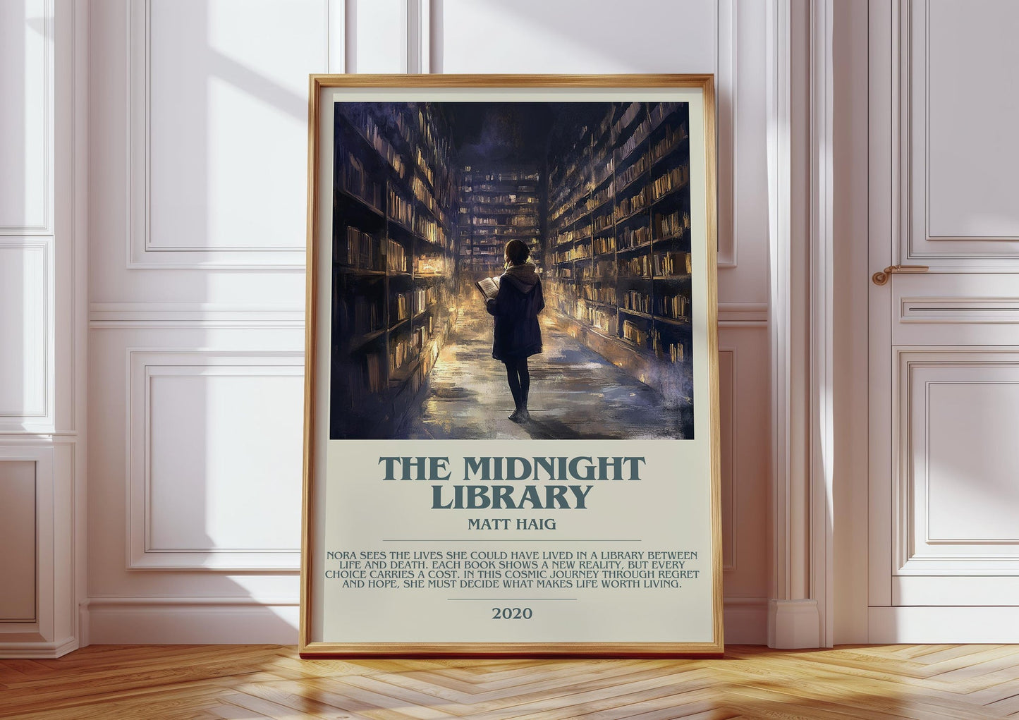 The Midnight Library bookish print in frame leaning in hallway – contemporary fiction wall art