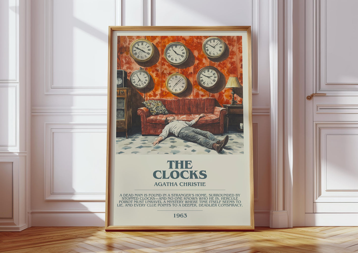 The Clocks bookish print in frame leaning in hallway – mystery wall art