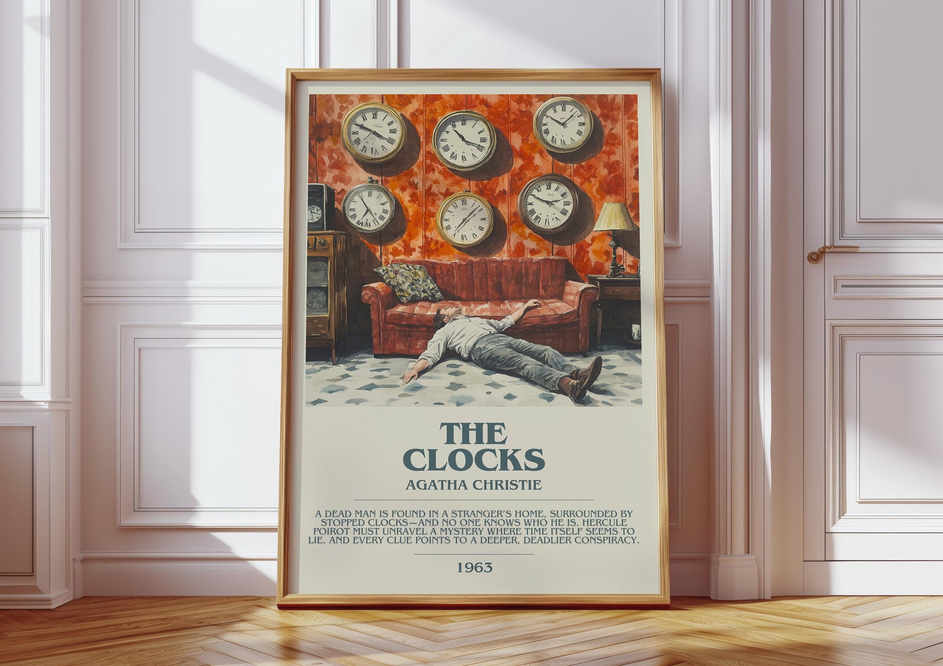 The Clocks bookish print in frame leaning in hallway – mystery wall art