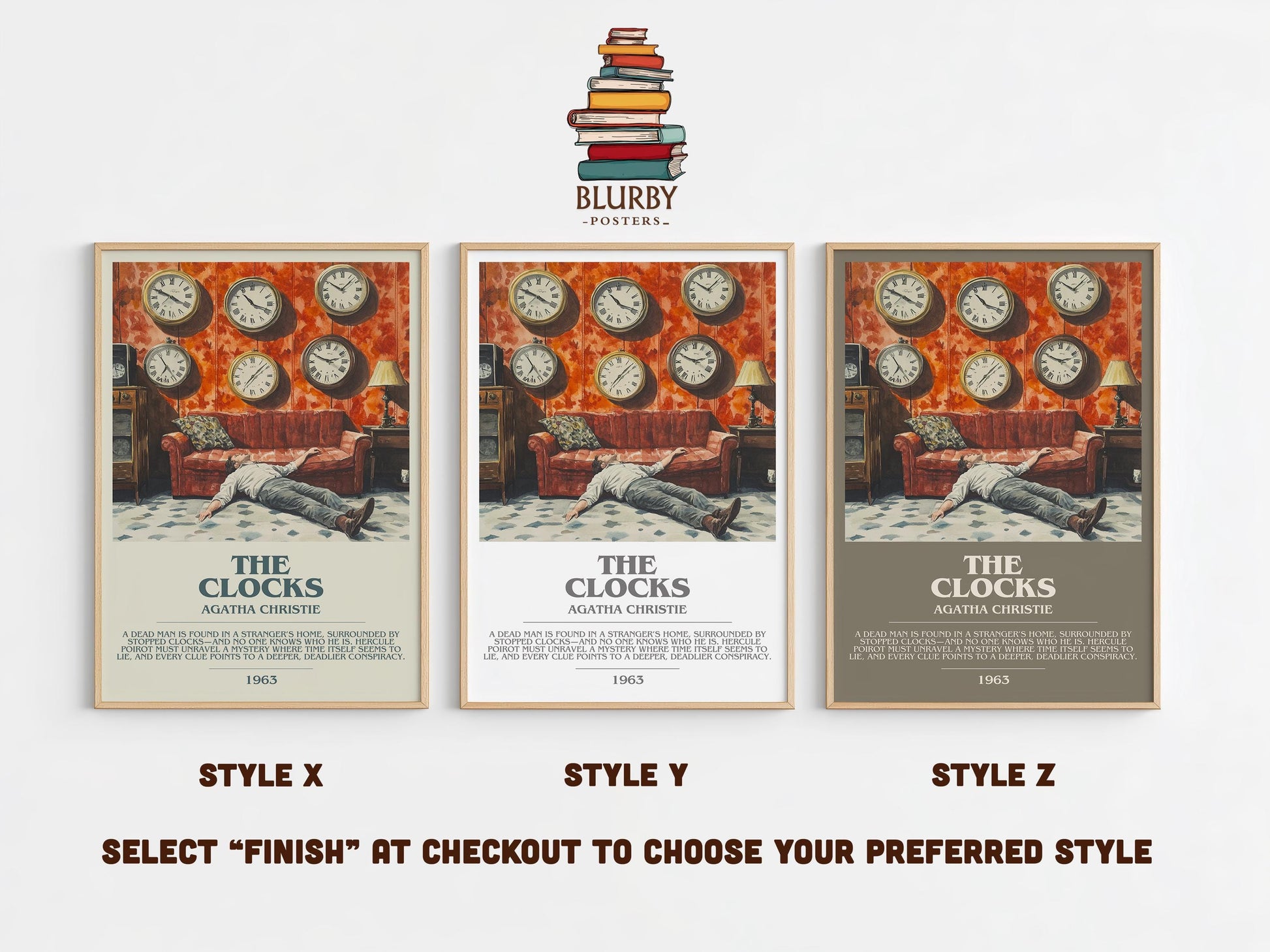 The Clocks bookish poster colour and style options – Agatha Christie book art