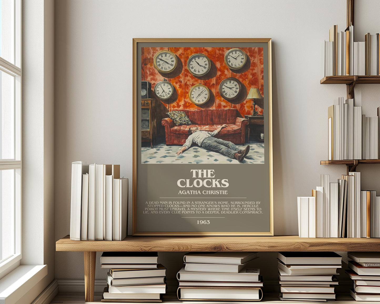 The Clocks bookish print on bookshelf – Agatha Christie fan gift
