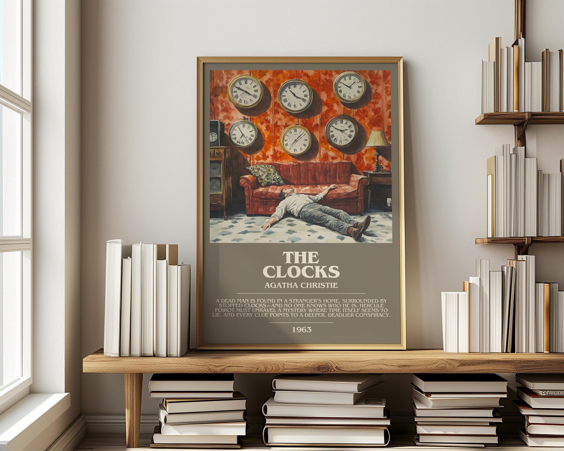 The Clocks bookish print on bookshelf – Agatha Christie fan gift
