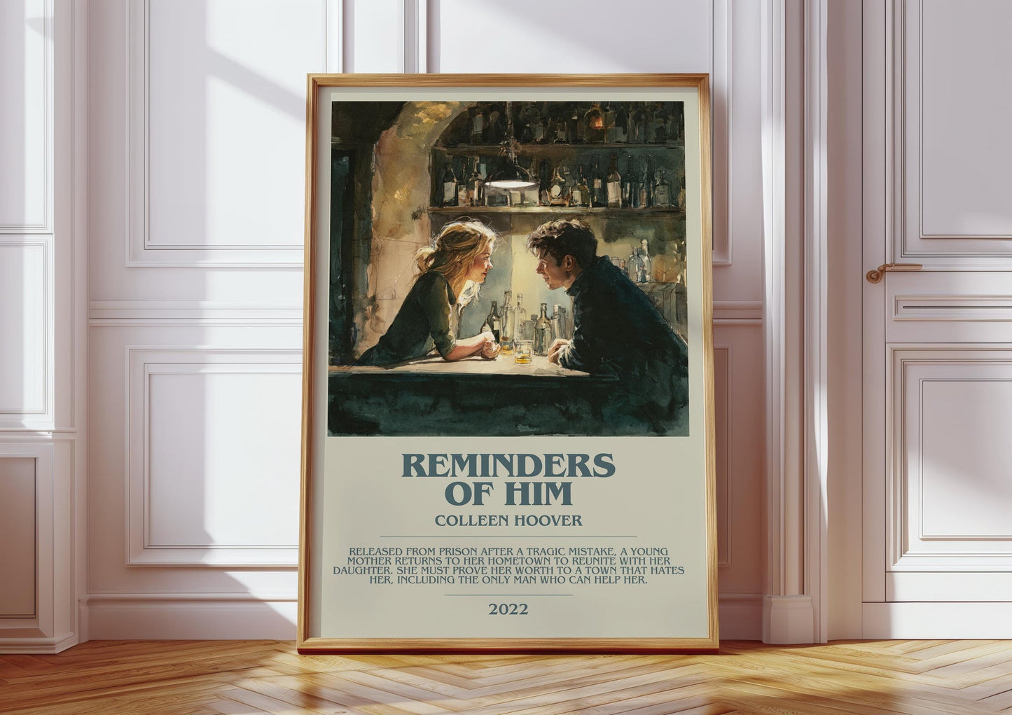 Reminders of Him bookish print in frame leaning in hallway – romance wall art