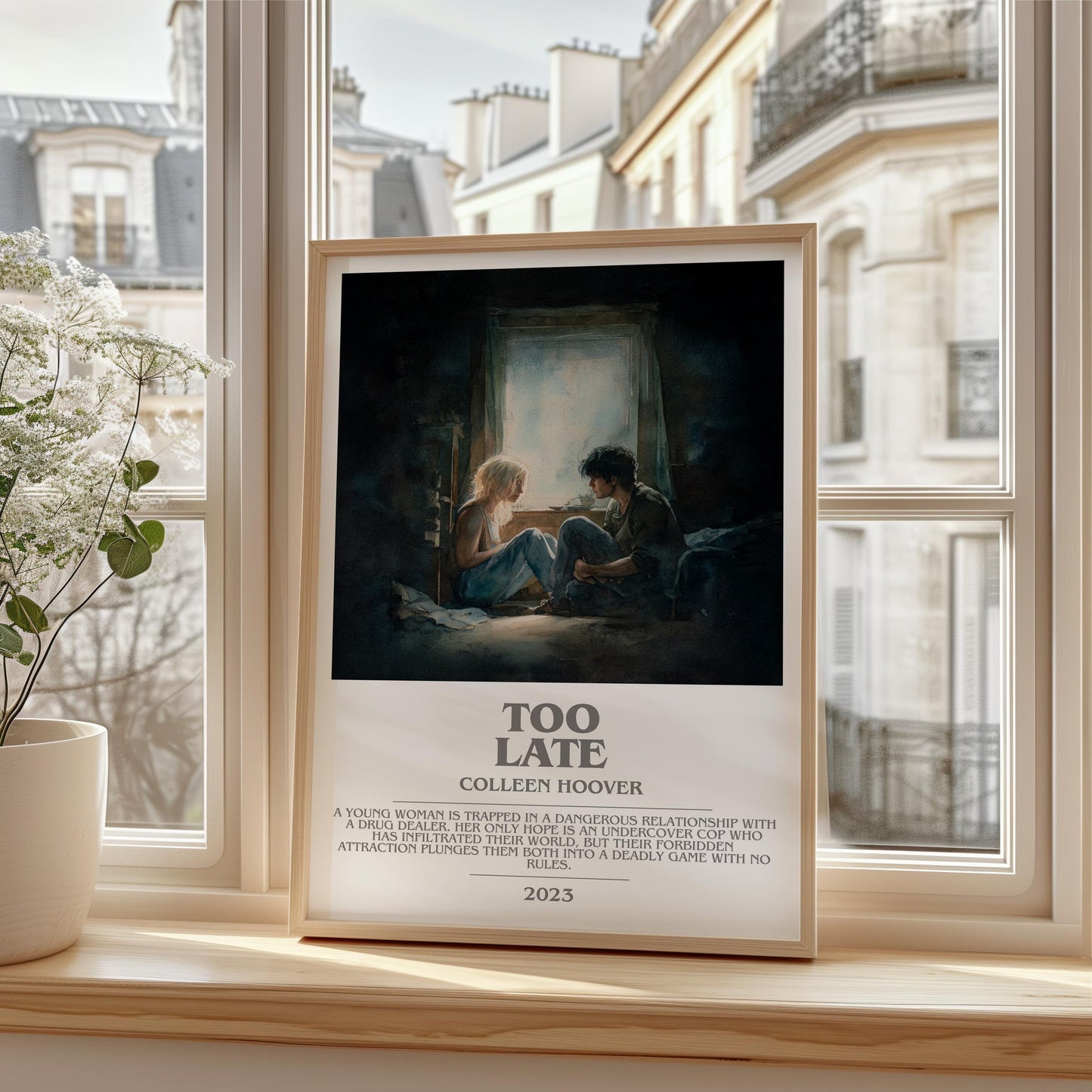 Too late bookish print framed by window – literary home decor