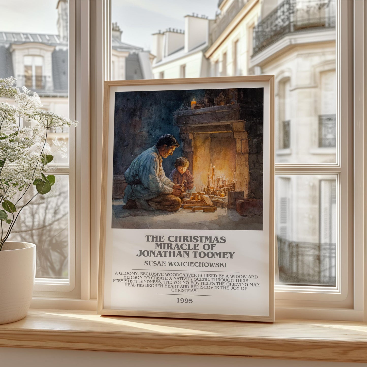 The Christmas Miracle of Jonathan Toomey bookish print framed by window – literary home decor