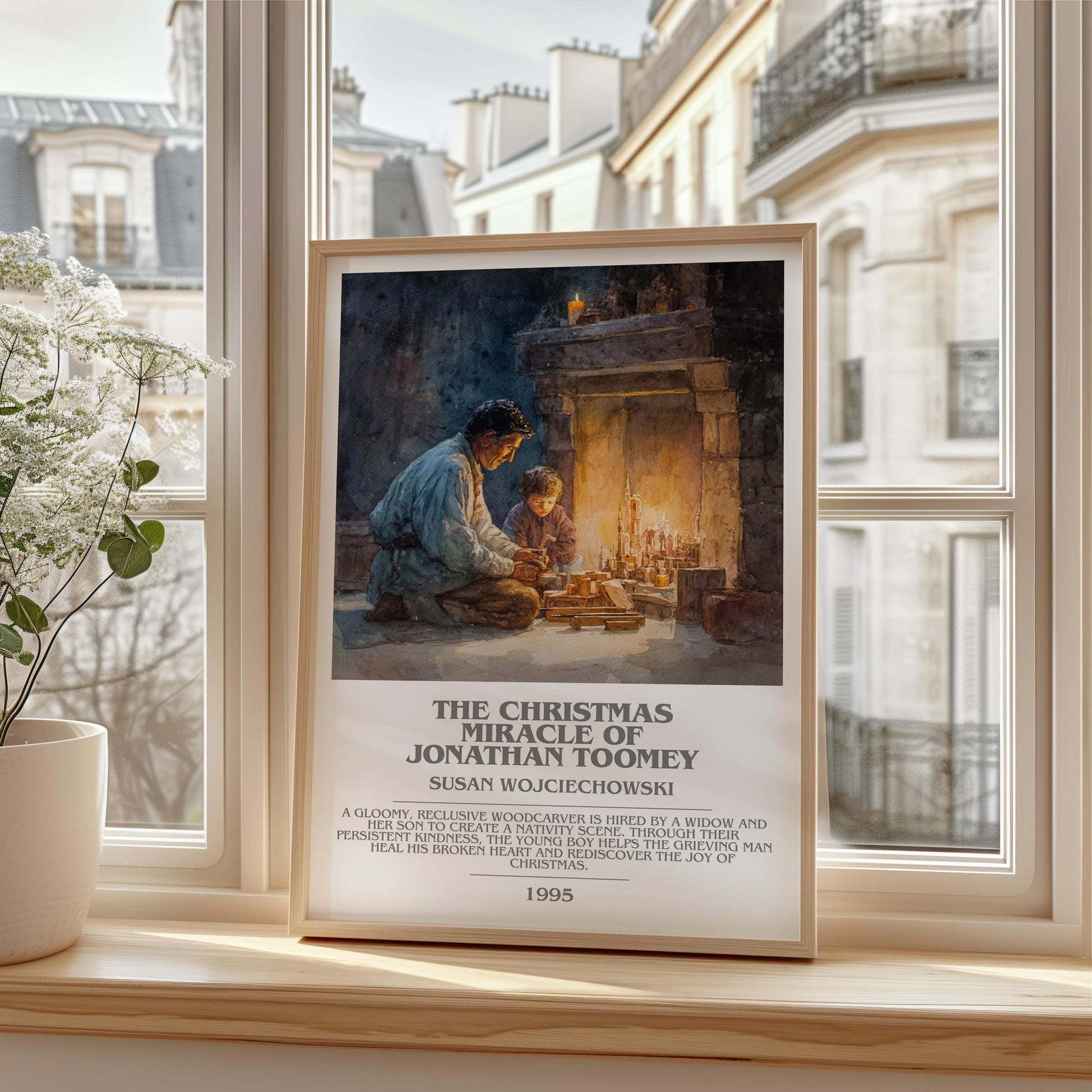 The Christmas Miracle of Jonathan Toomey bookish print framed by window – literary home decor