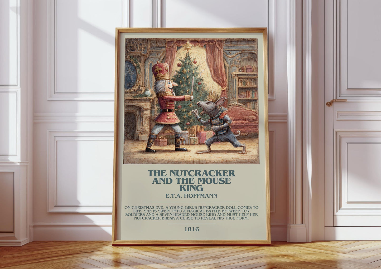 Nutcracker and the Mouse King bookish print in frame leaning in hallway – horror wall art