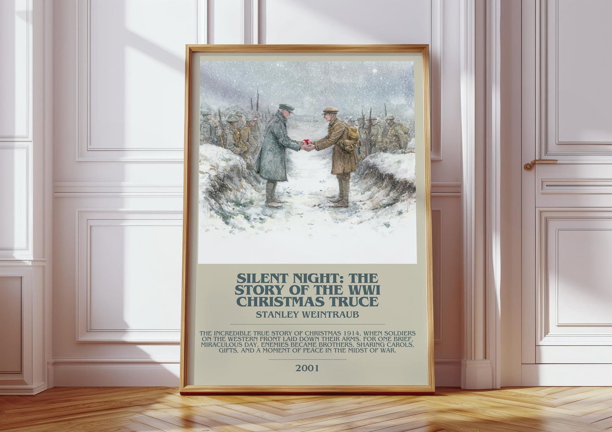 Silent Night: The Story of the World War I Christmas Truce bookish print in frame leaning in hallway – non fiction wall art